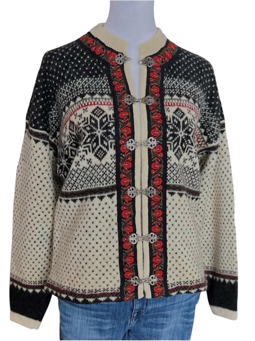 SQUAW VALLEY Cream Black Red WOOL Women Long Sleeve Cardigan Size S